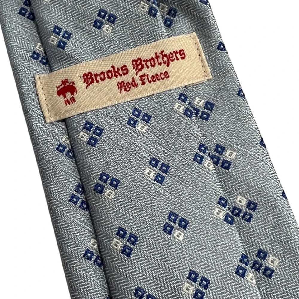 Brooks‎ Brothers Tie Men OS Blue Geometric Silk Red Fleece Herringbone USA B48